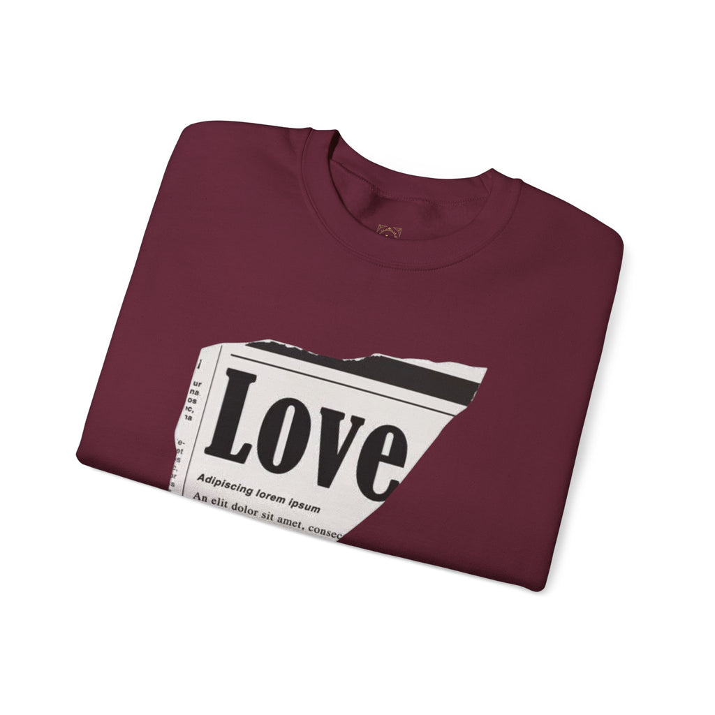 Crewneck Sweatshirt — 'Love' Newspaper Graphic with 'Oh Wait,' Text