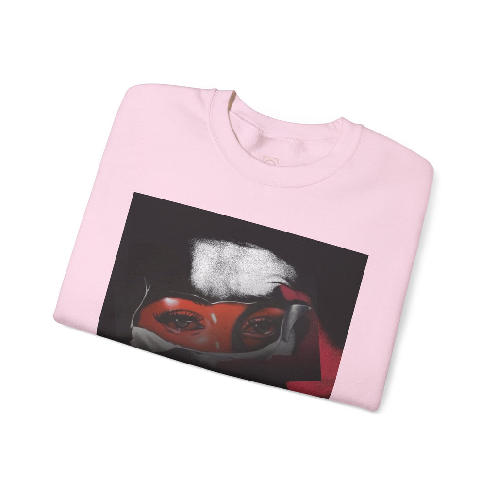 Masked Red Eyes Crewneck Sweatshirt — Graphic Streetwear with 'Legaciess' Back Logo
