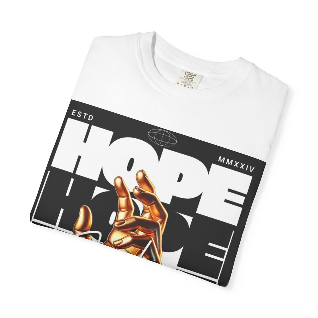 Hope Vibe Graphic T-Shirt — 'Hope for Better Days Ahead' Chest Print with Gold Hand & Back 'Legaciess' Logo