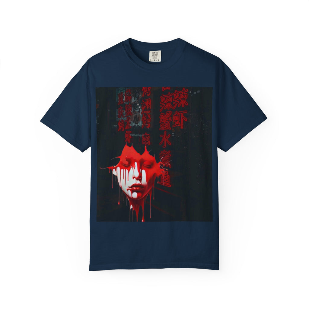 Horror Portrait Tee — Dripping Red Face with Japanese Script Graphic