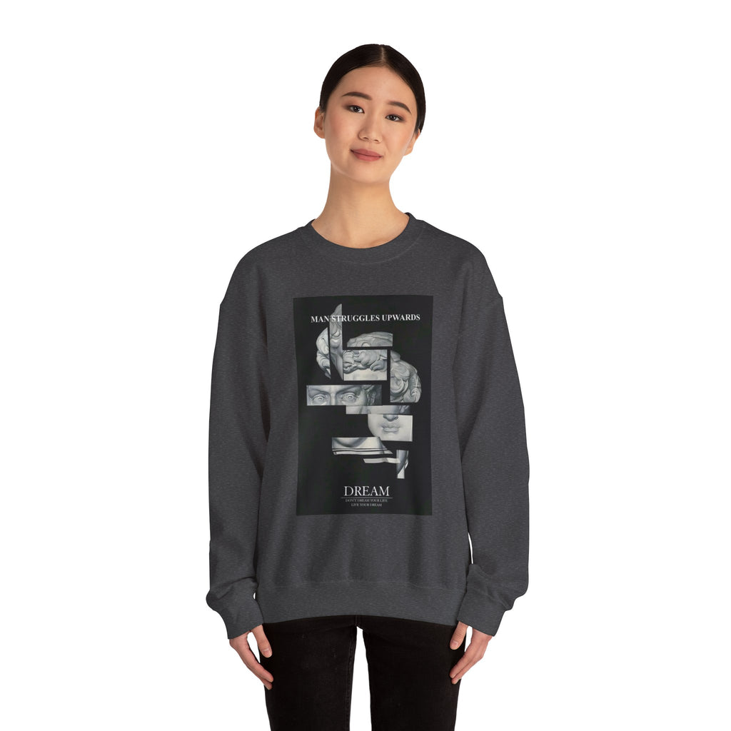 Dream Fragment Crewneck Sweatshirt — 'Man Struggles Upwards' Statue Collage